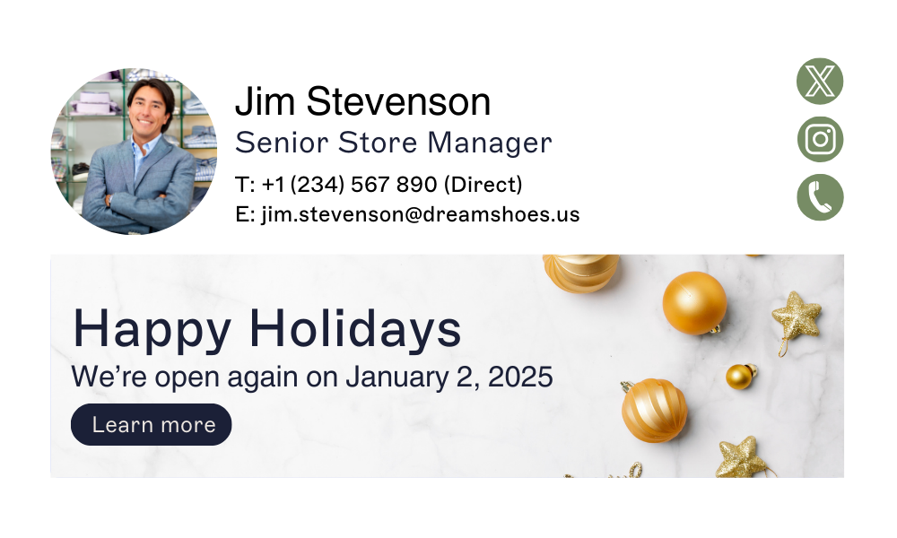 festive email signature with banner showing opening hours