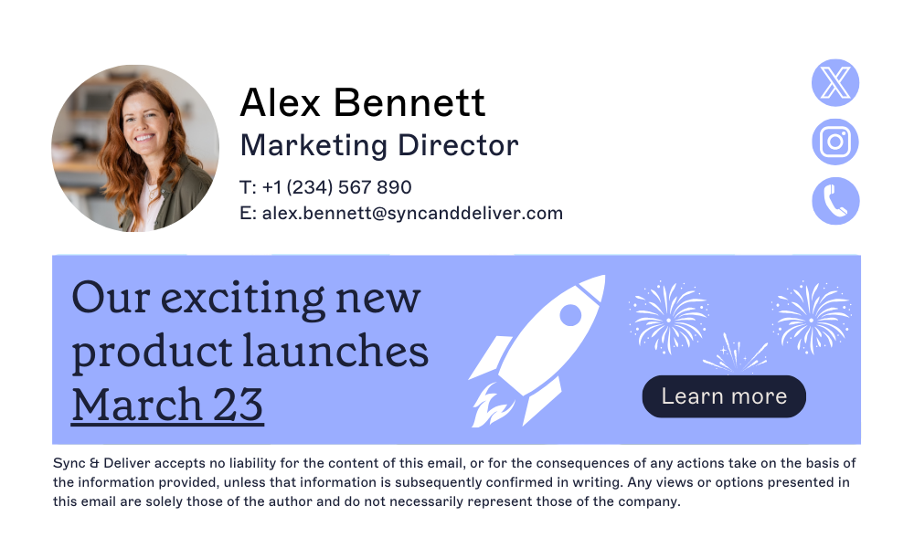 email signature template promoting a product launch