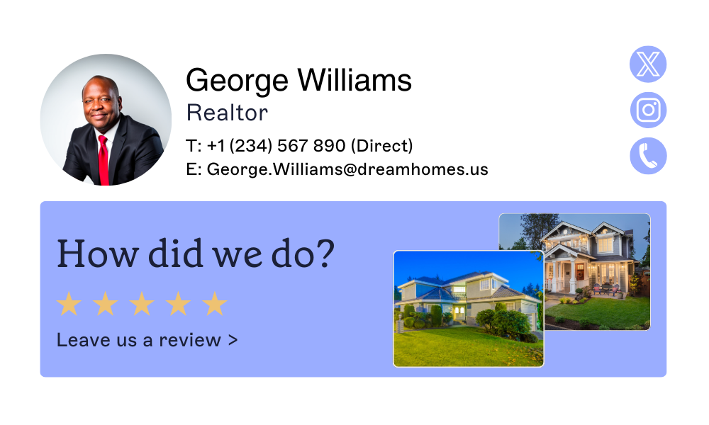 signature d'email d'entreprise avec bannière de feedback pour un agent immobilier