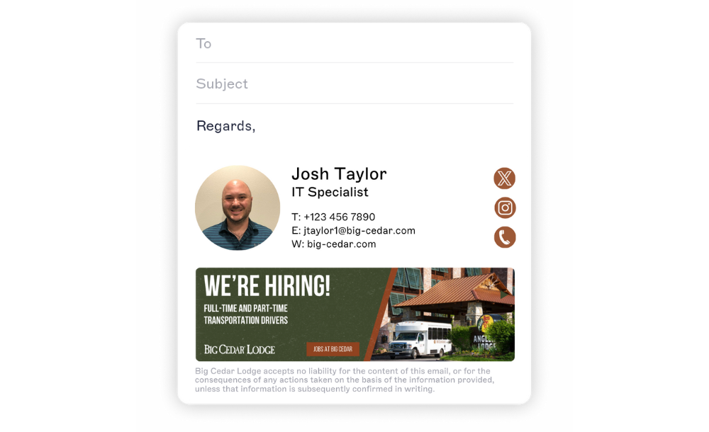 signature d'email d'entreprise pour un spécialiste IT avec bannière et photo