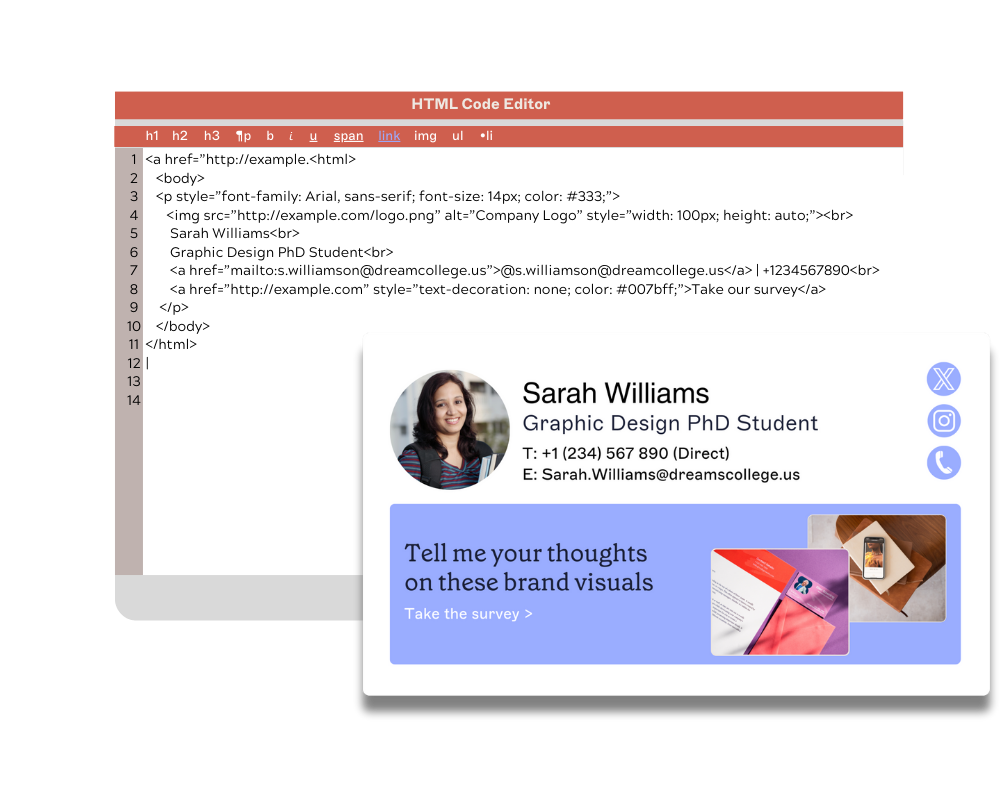 html code editor used to create an email signature