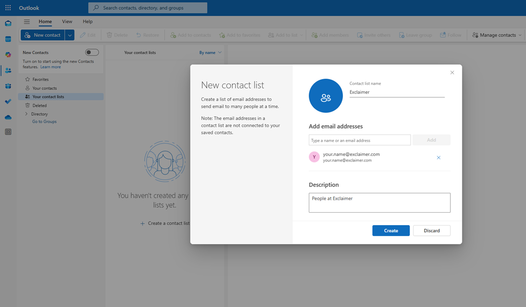 Add email address in Outlook distribution list (contact list)