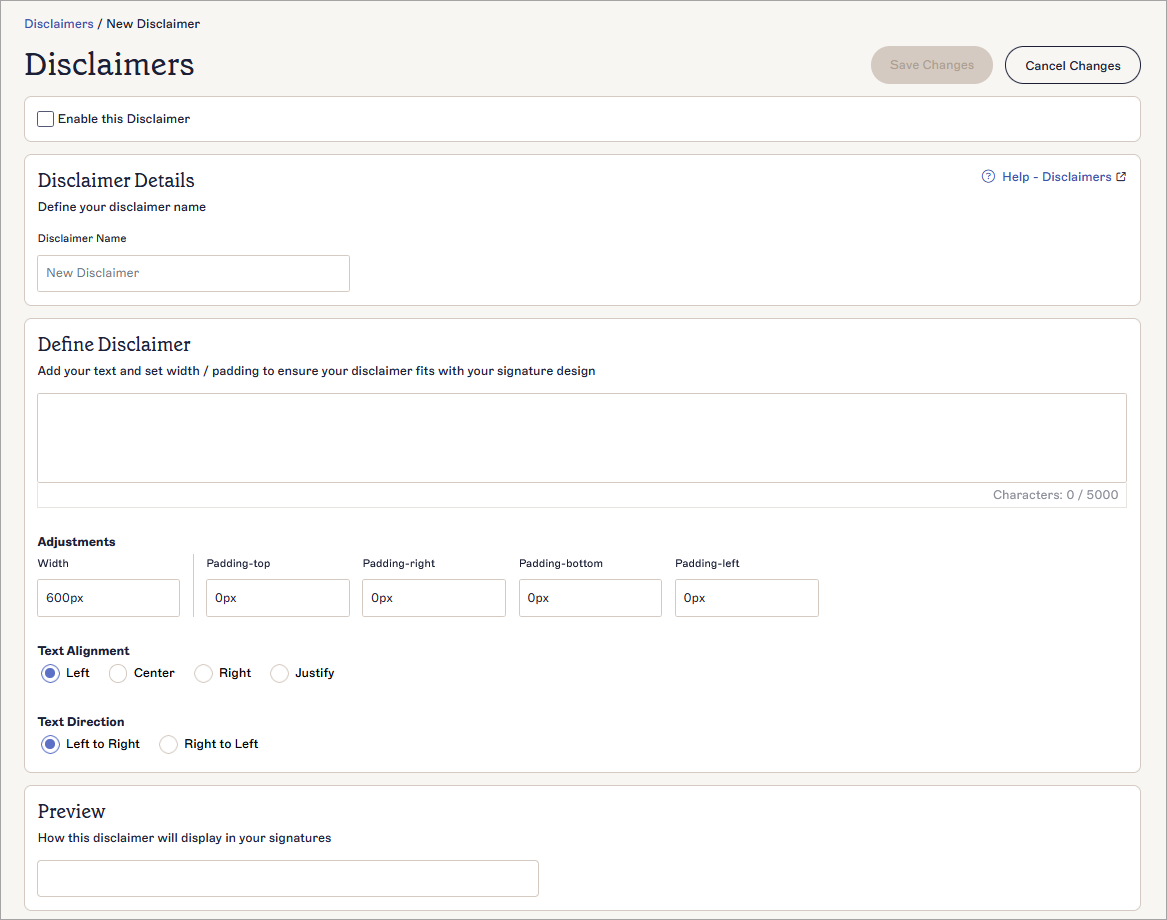 Screenshot of disclaimer creation page in disclaimers feature in exclaimer