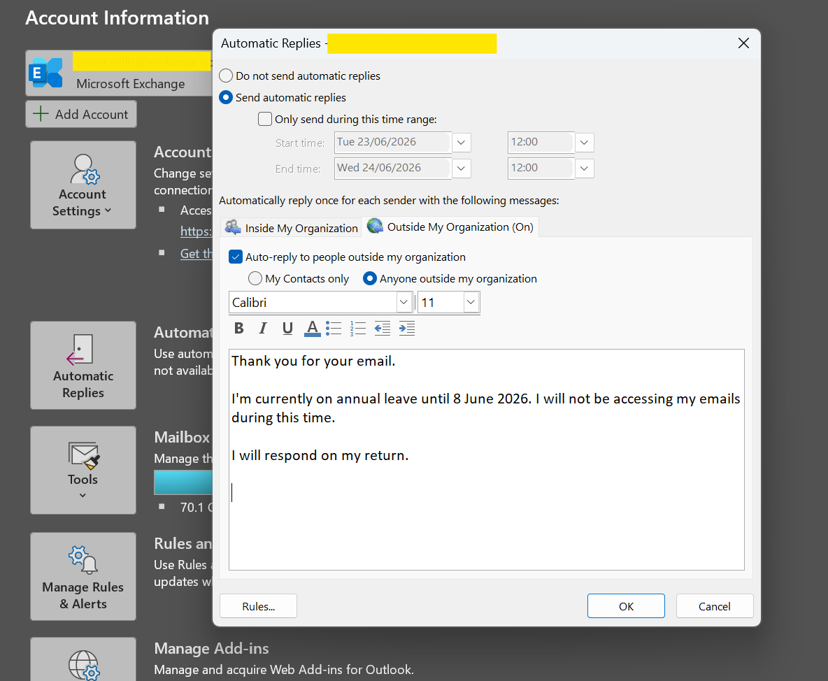 classic outlook out of office message