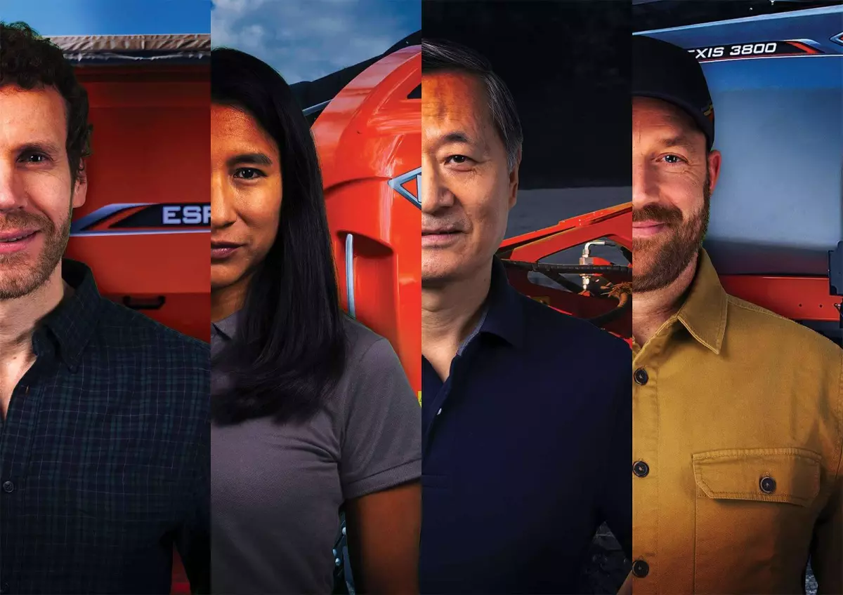 Collage of four diverse individuals, each next to agricultural machinery