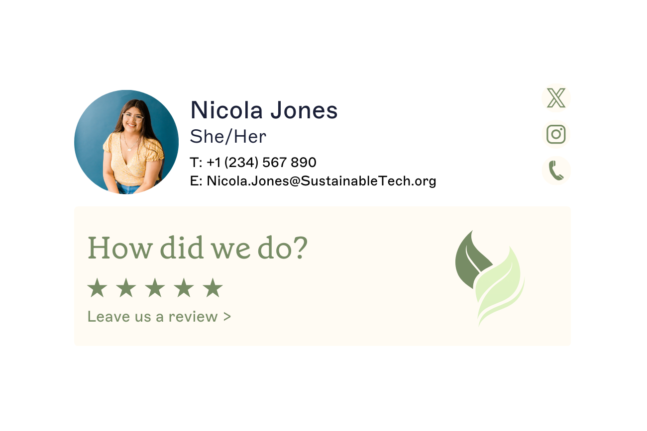 signature d'email de l'entreprise avec bannière de retour d'information, icônes sociales et photo de profil