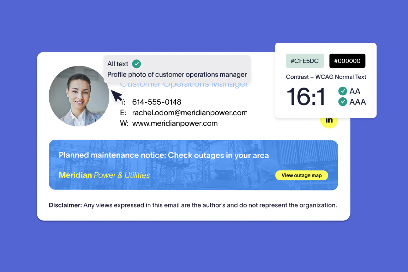 Email signature with a profile photo, contact info, maintenance notice, and contrast rating for accessibility compliance.
