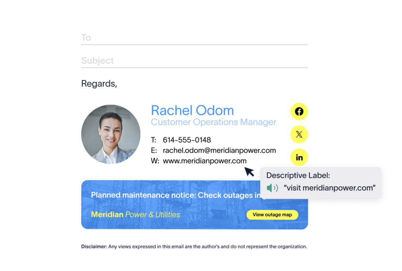 Email signature with contact info for Rachel Odom, Customer Operations Manager, and a maintenance notice for Meridian Power & Utilities.