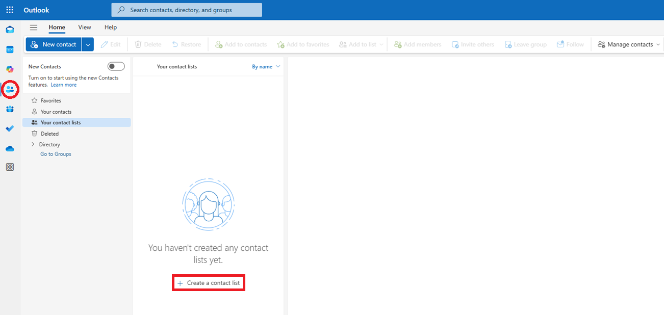Outlook interface showing "Your contact lists"