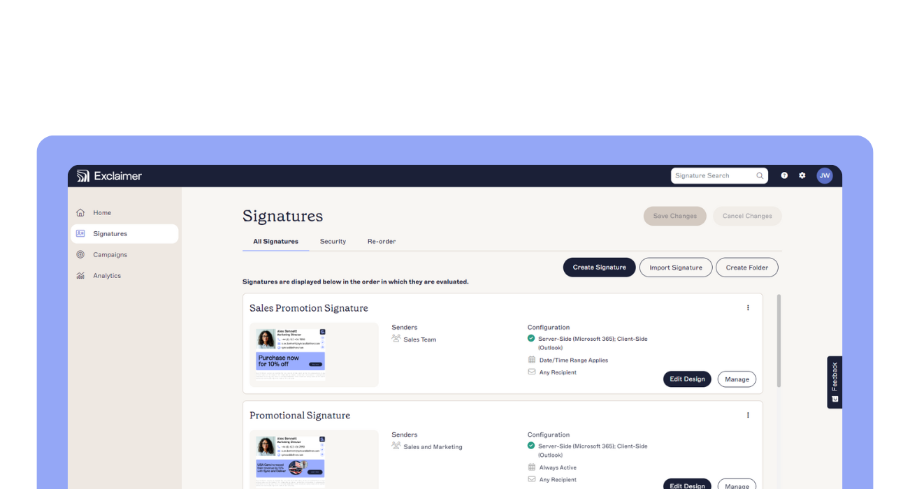 recherche de signature dans l'interface utilisateur d'Exclaimer