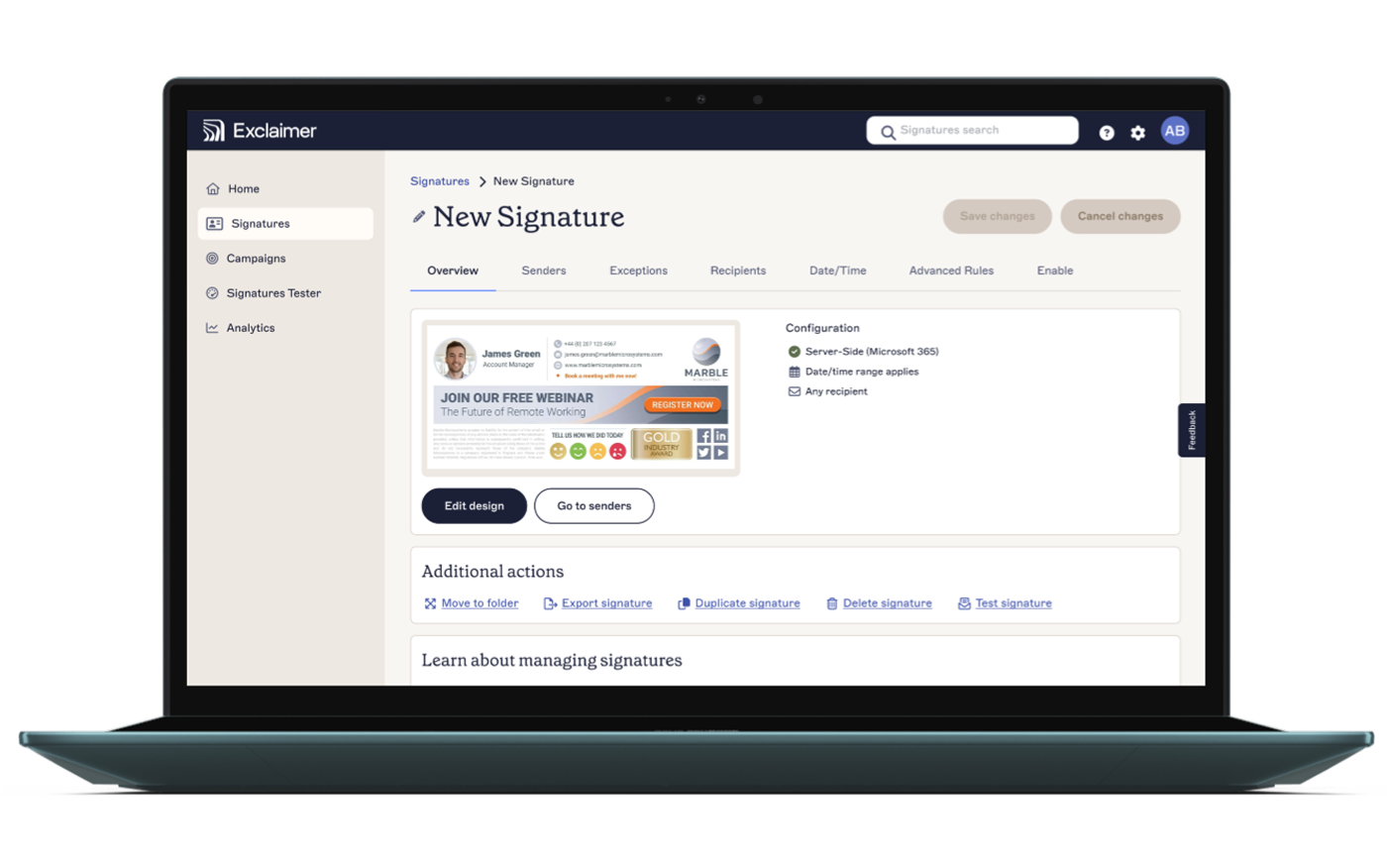 email signature platform ui on a laptop