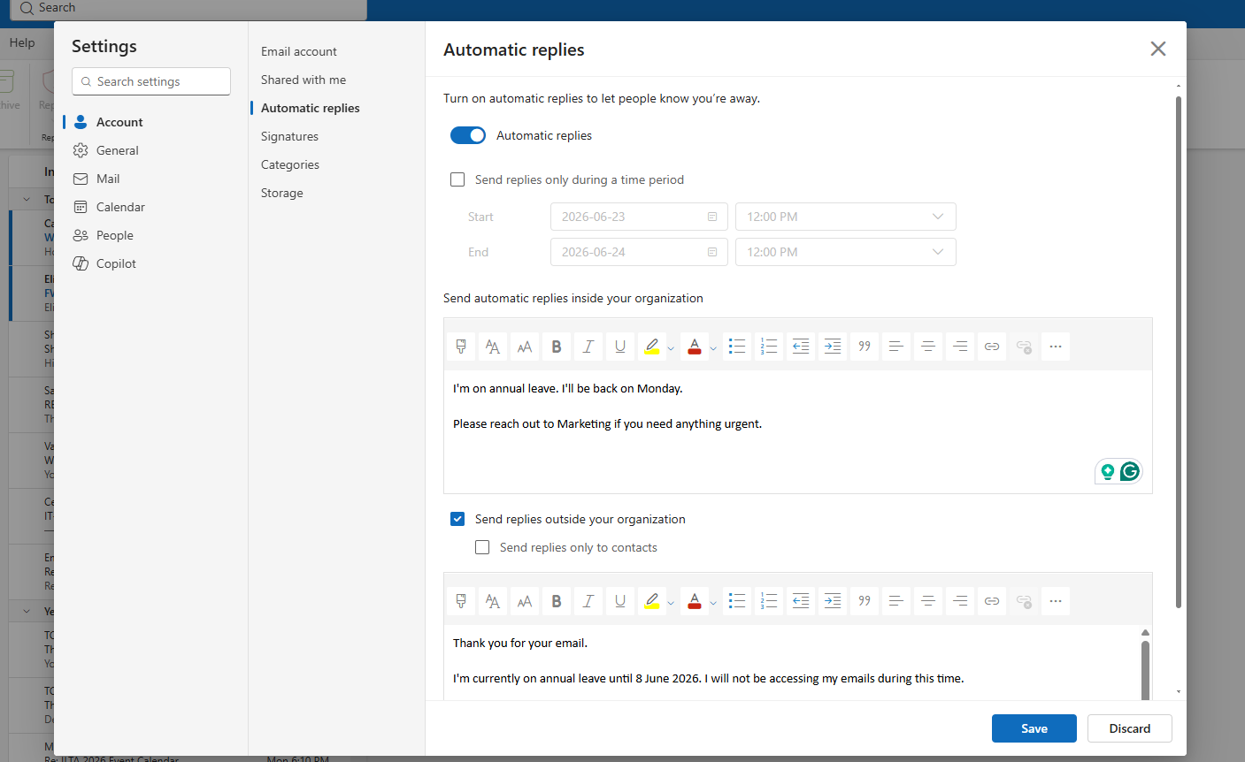 outlook out of office message