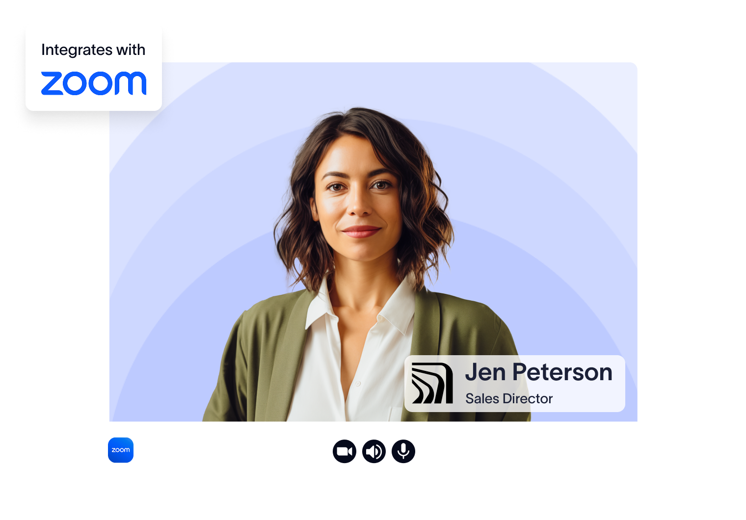 A woman with shoulder-length hair in a virtual meeting interface labeled "Jen Peterson, Sales Director." The screen shows a Zoom integration.