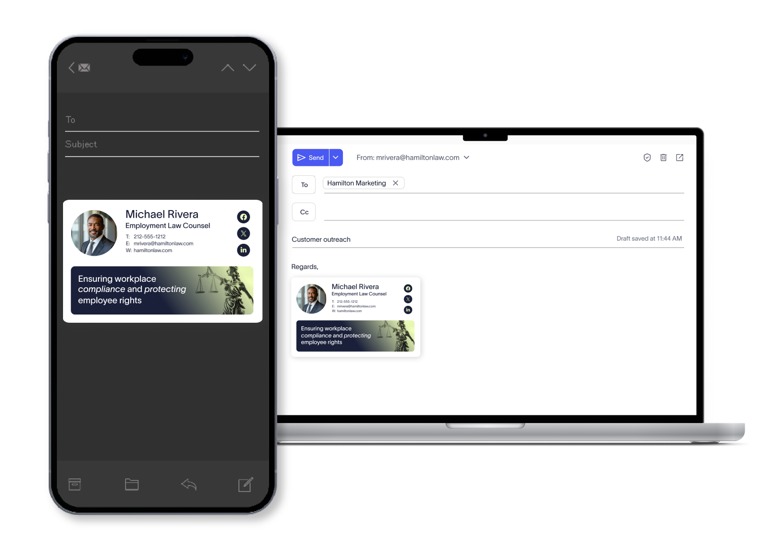 email signatures on mobile and laptop