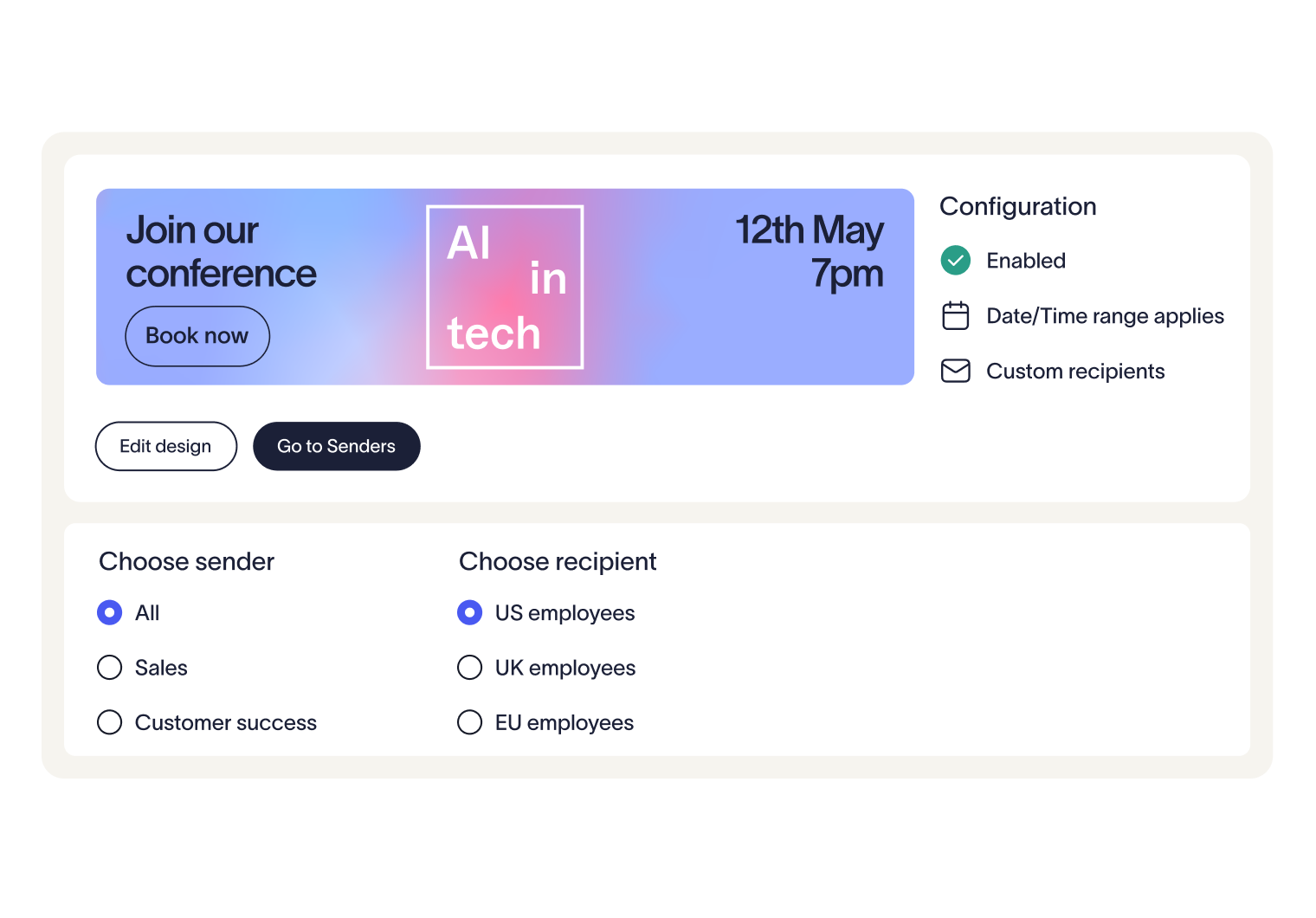 Conference invitation for "AI in tech" on 12th May at 7pm. Options to choose sender and recipient, with configurations enabled.