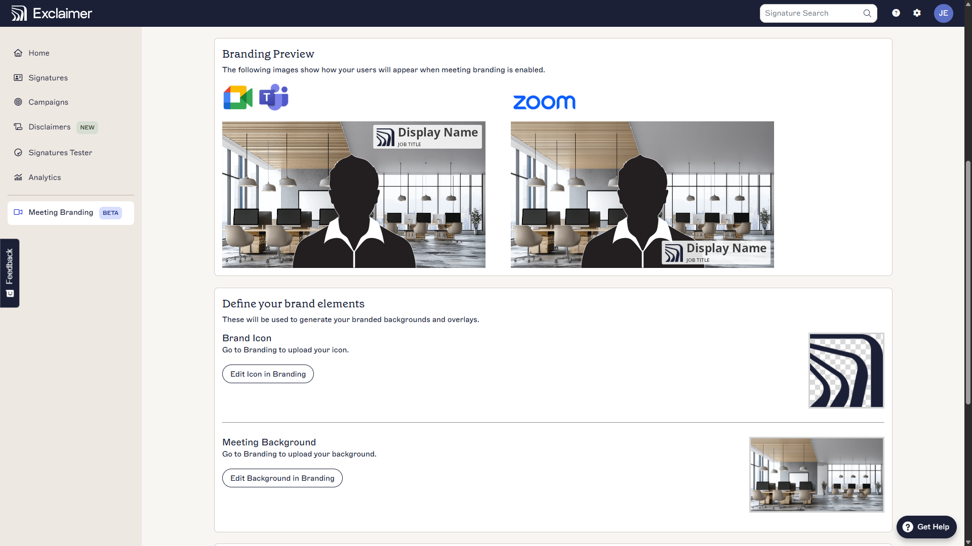 meeting branding configuration in exclaimer