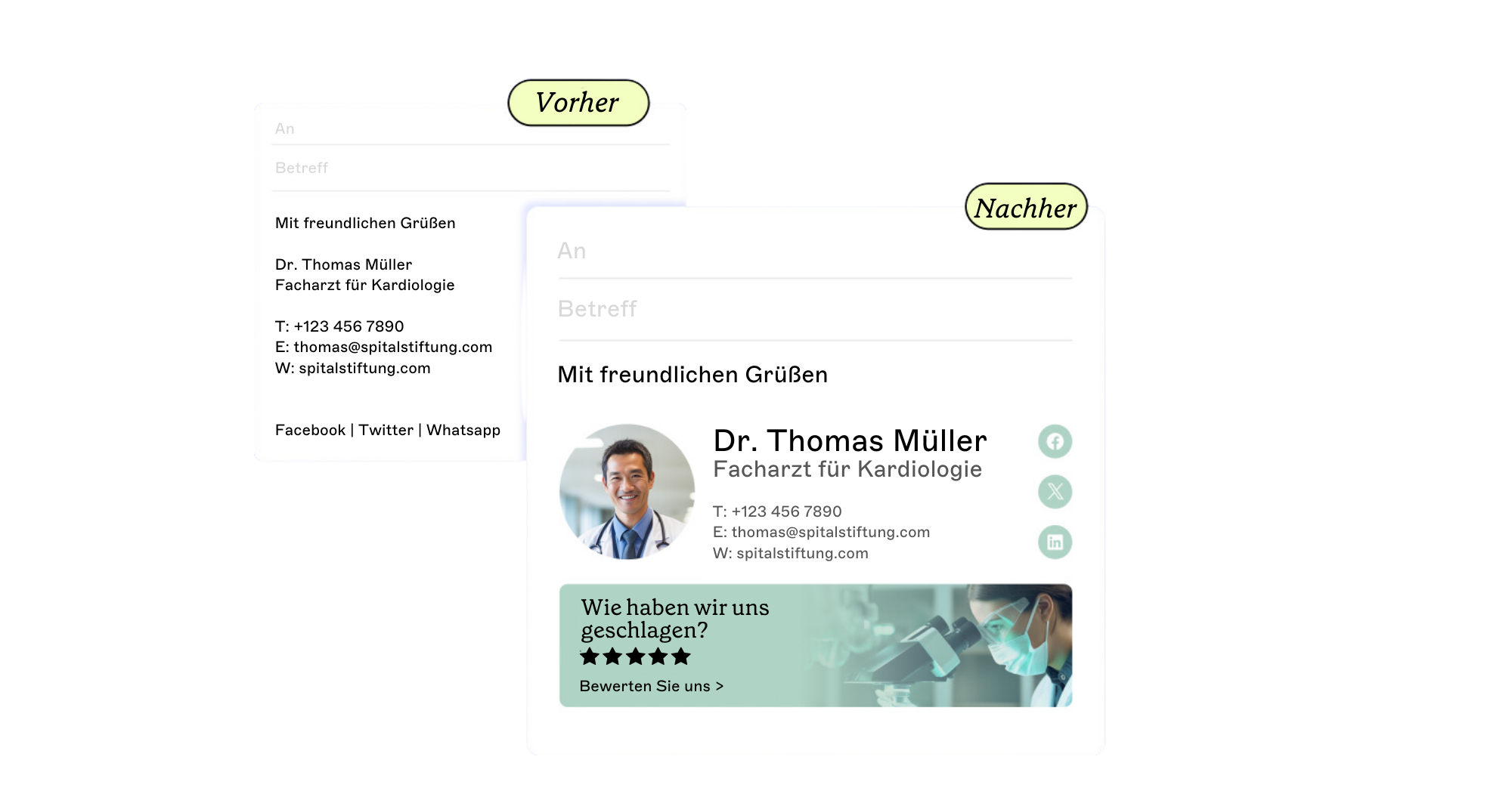 vor und nach dem Einsatz einer eine E-Mail-Signatur-Management-Lösung