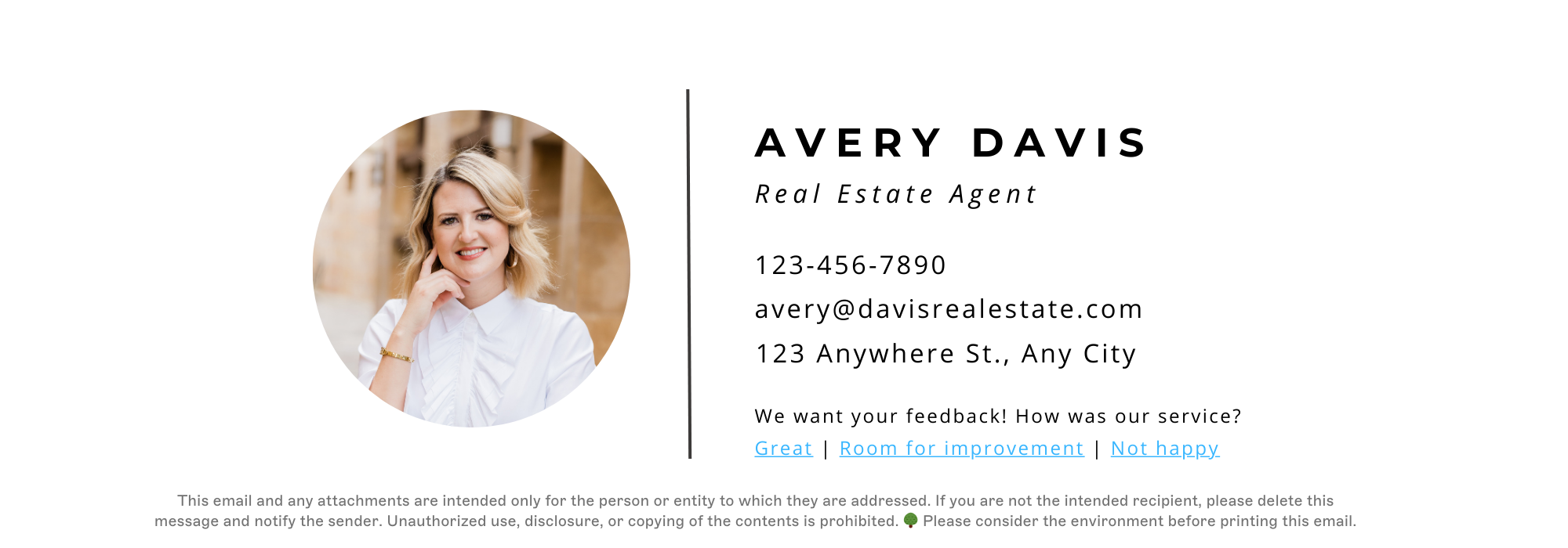real estate agent email signature with contact details and feedback links