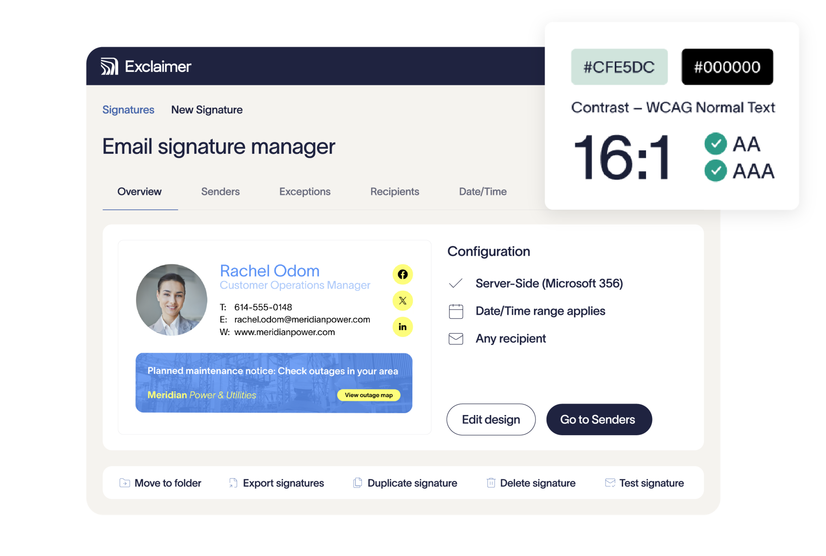 Interface of an email signature manager showing settings, user information, and accessibility contrast ratio.