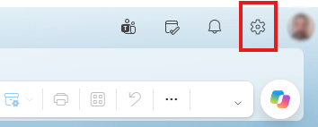 Outlook for the web interface, including gear icon highlighted with a red border box.