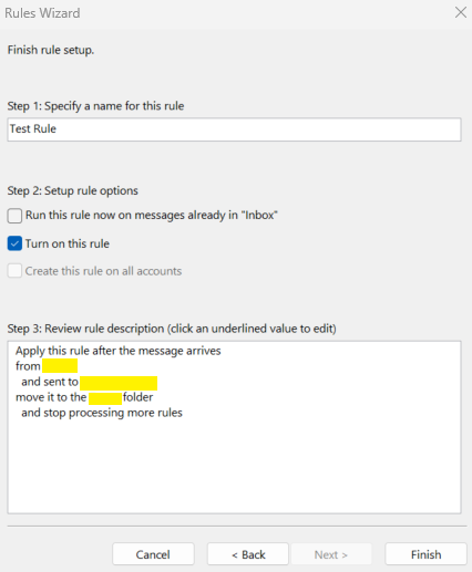 Outlook rules wizard setup with options to name, specify conditions, and review rules