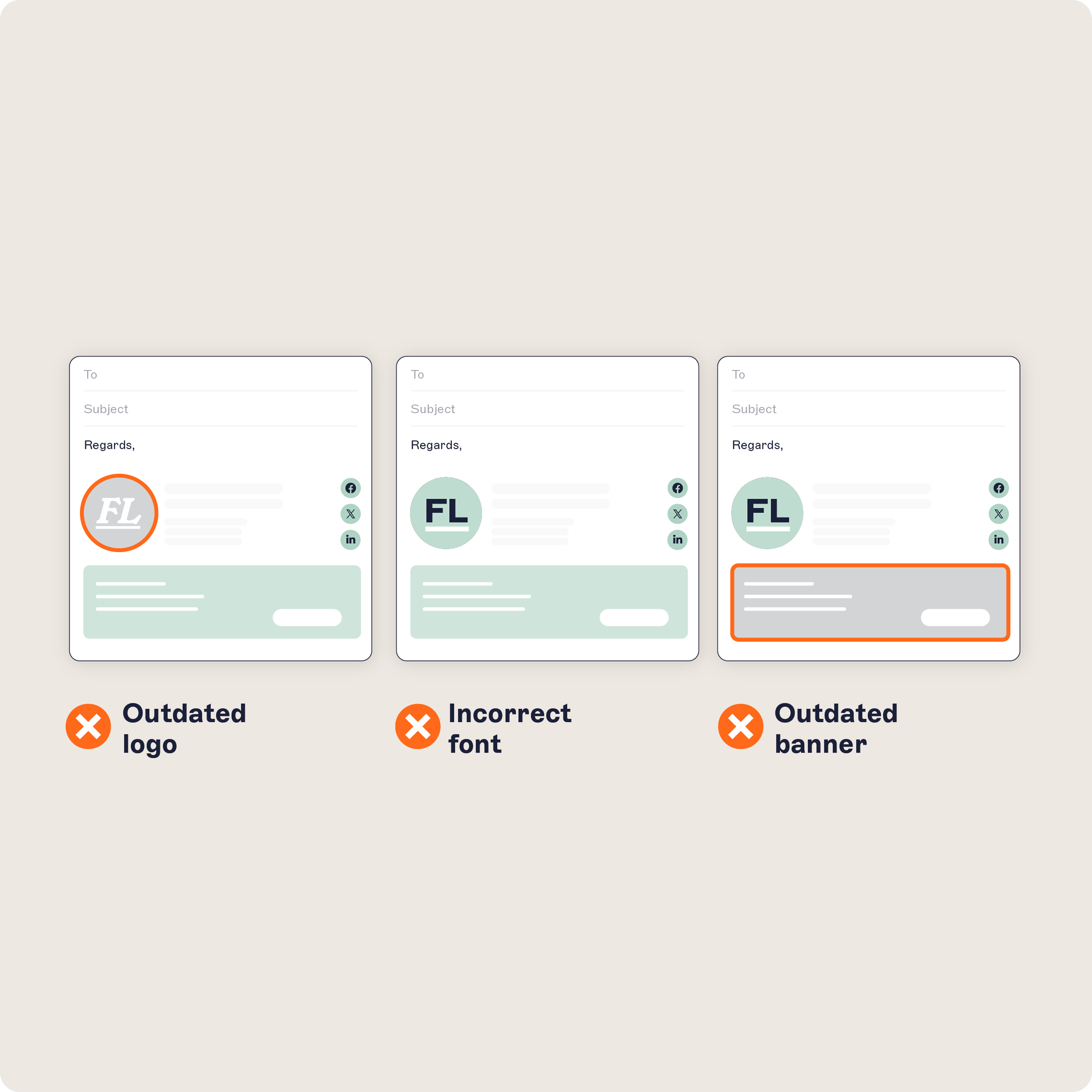 Three email signature templates with inconsistent branding