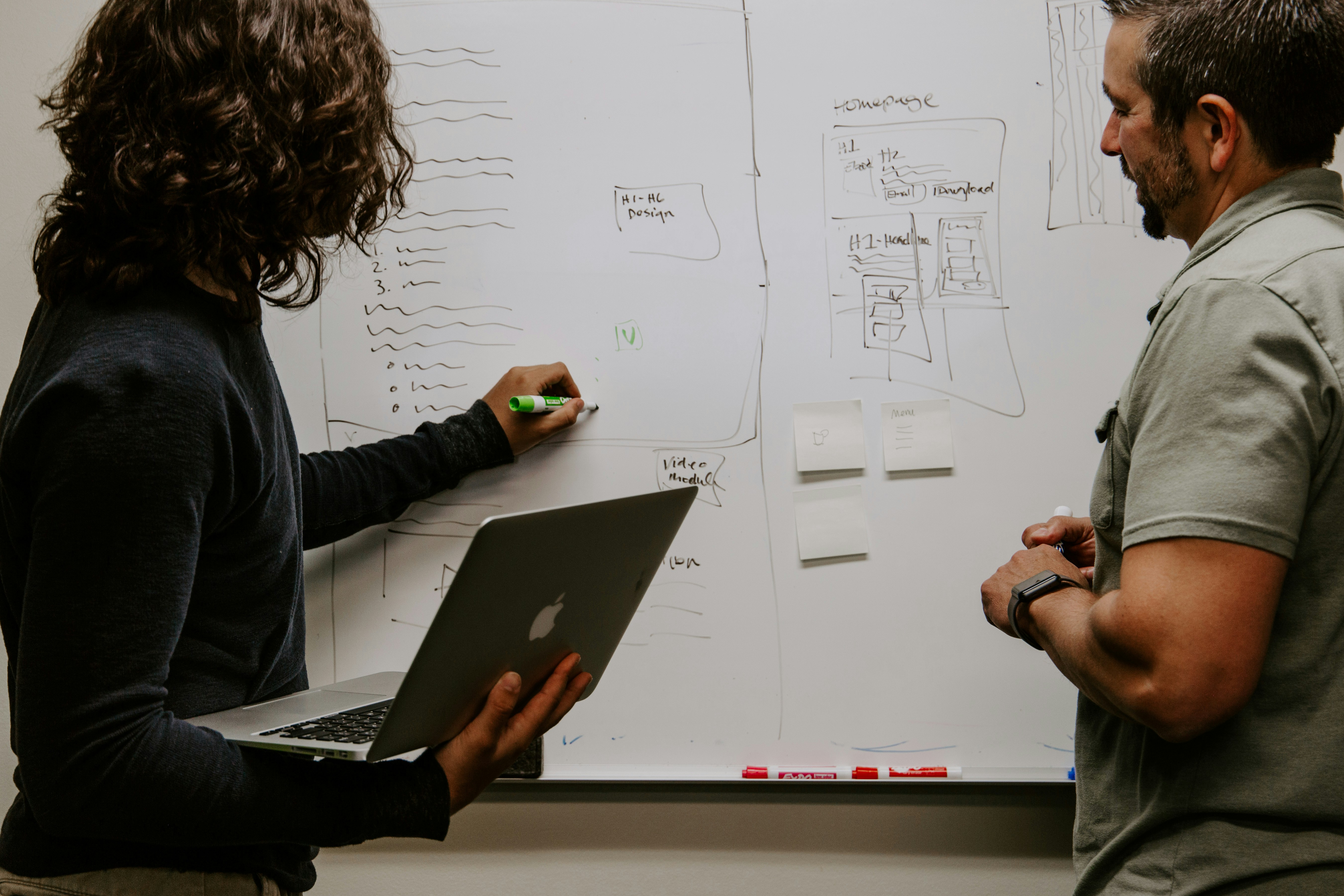 man and woman working at a whiteboard