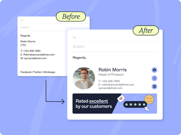 email signature template showing before and after