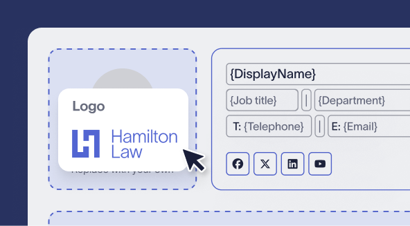 User interface showing an emai signature design with a logo, placeholders for name and contact details, and icons for social media links.