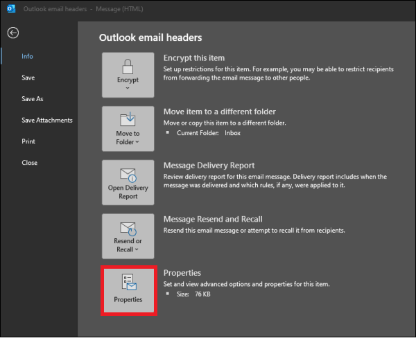 Option Propriétés dans Outlook pour Windows