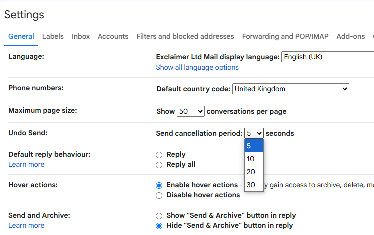 Change email recall settings in Gmail