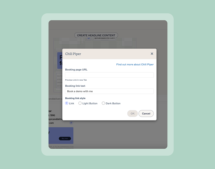 adding chili piper booking link in exclaimer