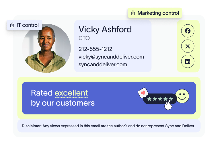 Email signature with contact information, social media icons, a customer rating, and a disclaimer.