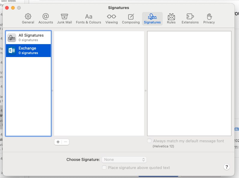 Email signature settings on a Mac showing options for signatures, with no signatures listed under "Exchange."