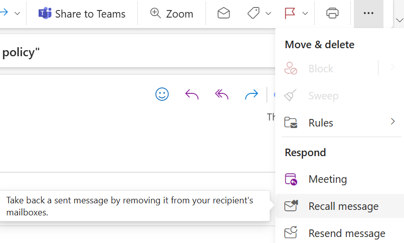 Recall an email in Outlook