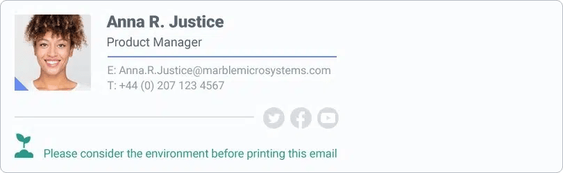 Email signature with a photo of a smiling person, name, title "Product Manager," email, phone number, and social media icons.