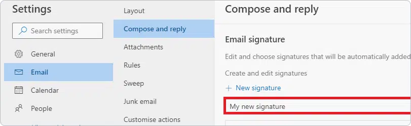 Email settings interface showing "Compose and reply" with a highlighted section for creating a new email signature.
