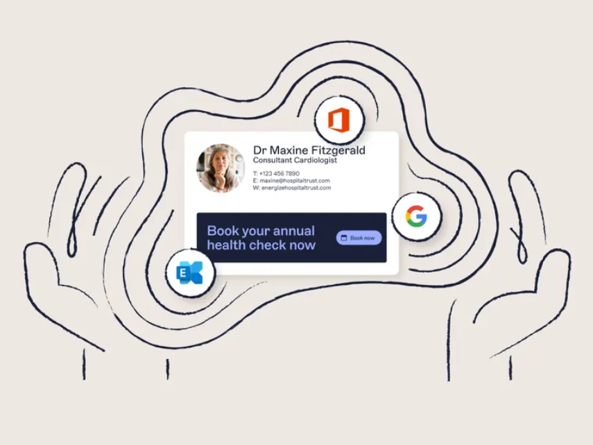 Illustrated hands surround email signature, with icons for Office 365, Google, and Exchange