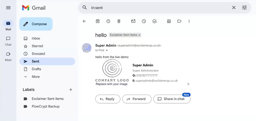 signature in google workspace in sent items folder in exclaimer
